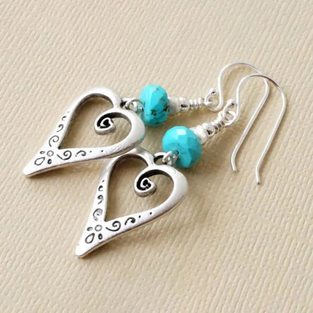 Silver Heart Faux Turquoise Dangle Earrings